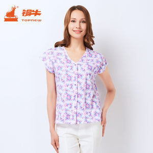 純棉舒適，貼心設(shè)計(jì) 銅牛女士短袖中老年睡衣背心開(kāi)襟家居服